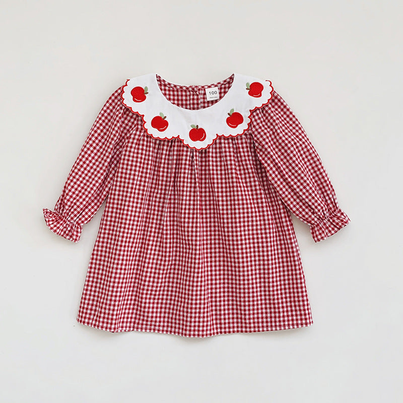 Pige Gingham Rude Kjole med legesyg Æble Broderi Stilla