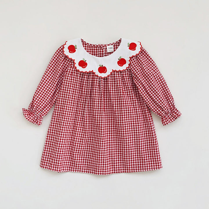 Pige Gingham Rude Kjole med legesyg Æble Broderi Stilla