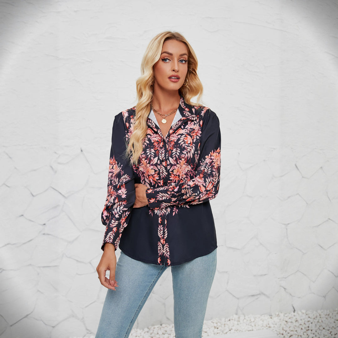 Dame elegant bluse med blomster mønster og volumineøse ærmer