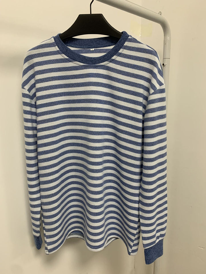 Dame Behagelig Langærmet T-shirt med Stribet Design og Rund Halsudskæring Skovae