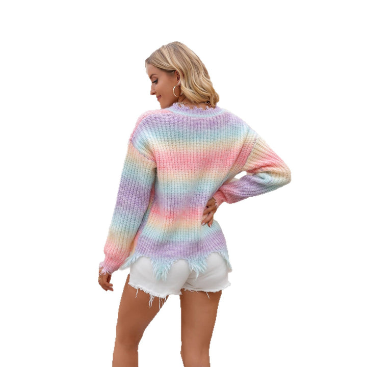 Dame afslappet sweater med trendy frynse Kant og V-hals Stilla