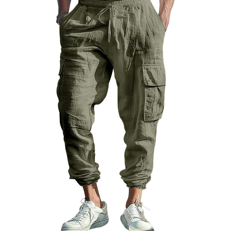 Herren nan afslappede linned cargo joggers med snoretræk, store klaplommer og elastisk ankelafslutning Skovae