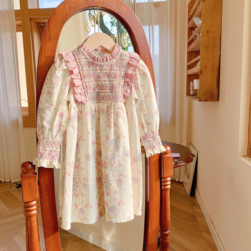 Pige Floral Smocked Langærmet Kjole Stilla