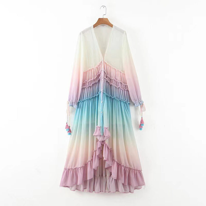Kvinders maxi kjole med ruffle detaljer og elastisk top