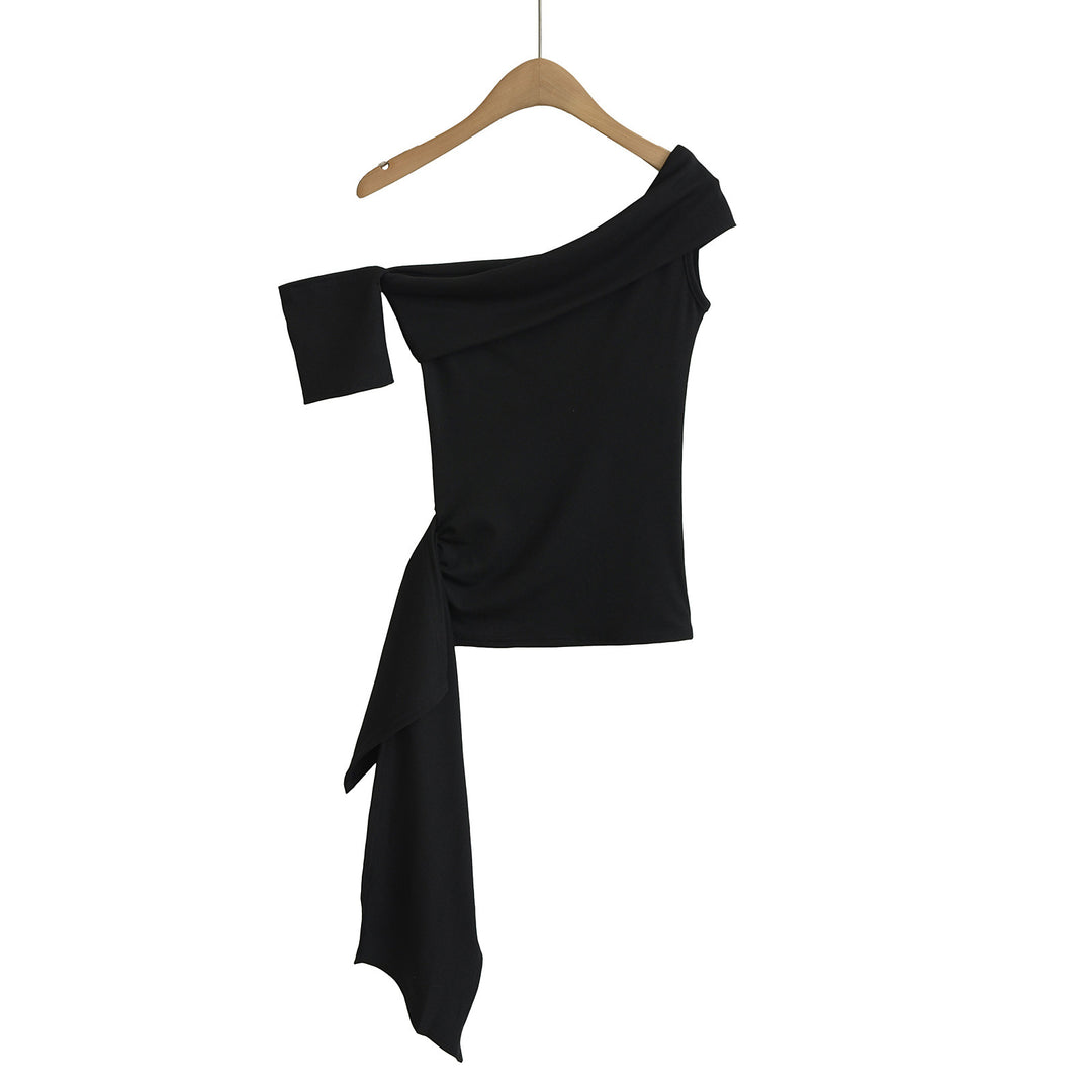 Damer elegant Off-Shoulder overdel med svingende kant og moderne bindebælte Stilla