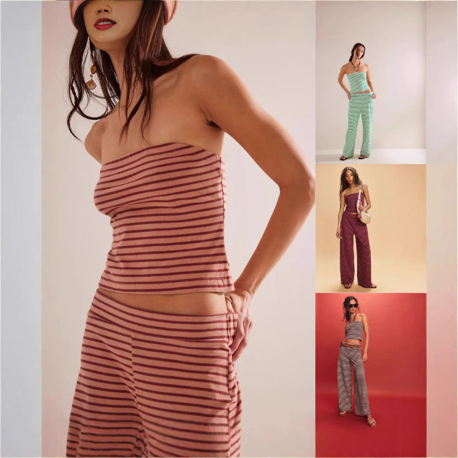 Femme Stilfuld Offshoulder Crop Top og Bredbenet Bukser Sæt Stilla