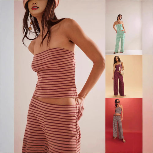 Femme Stilfuld Offshoulder Crop Top og Bredbenet Bukser Sæt Stilla