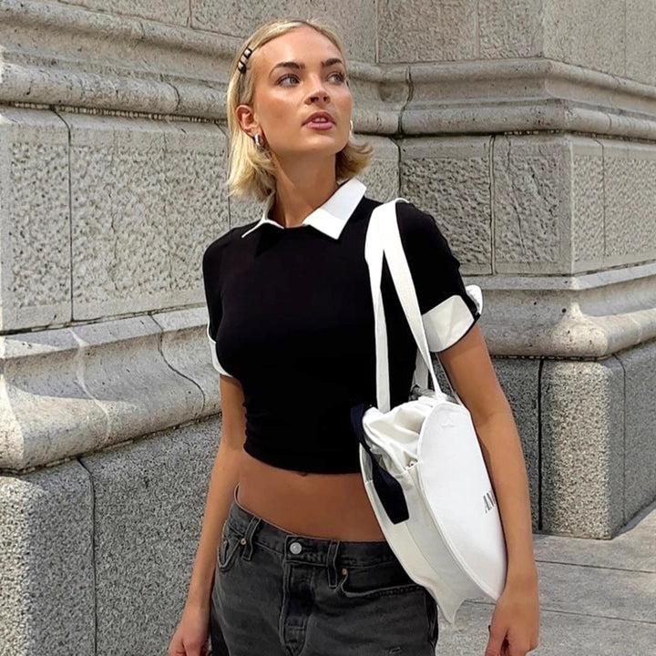 Damen cropped T-Shirt mit elegantem Kragen und Halblangen Ärmeln Skovae