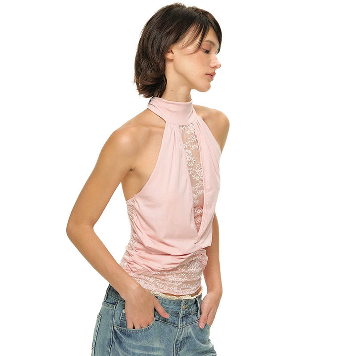 Dame elegant strappy top med gennemsigtige indsatser og rynkning Skovae