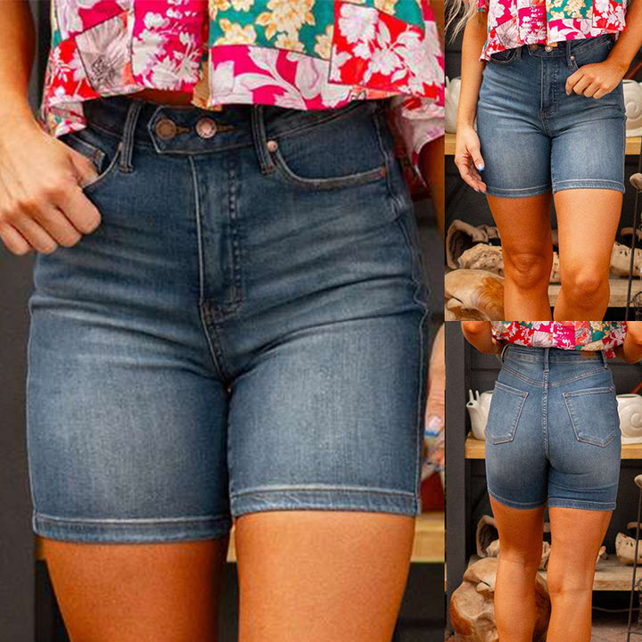 Dame højtaljede jeans-shorts med elastisk bånd og figurskabende snit Stilla