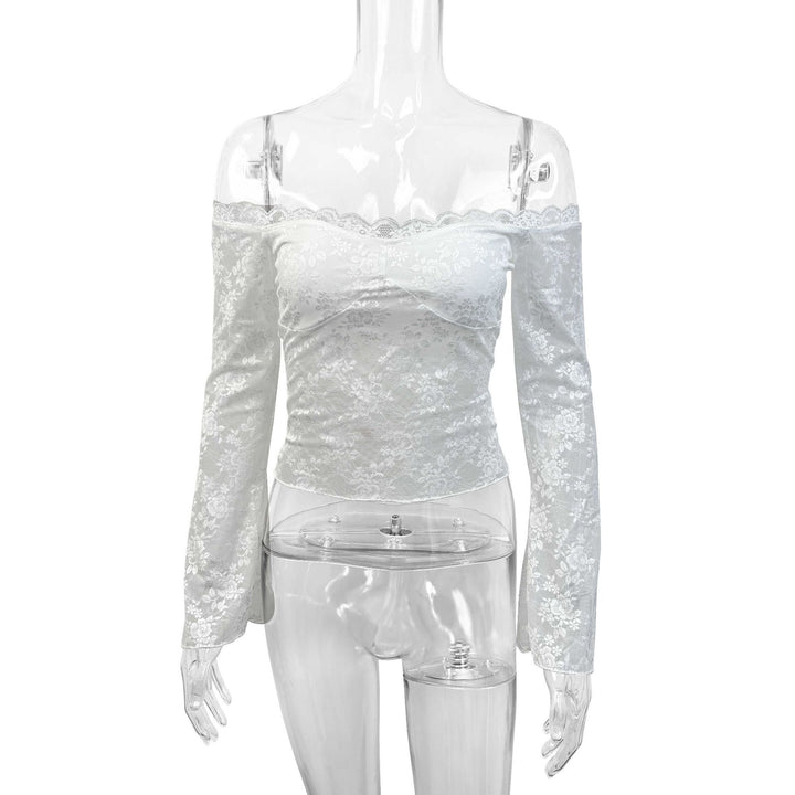 Dame blonde top med off-shoulder design og elegante trumpetærmer Skovae