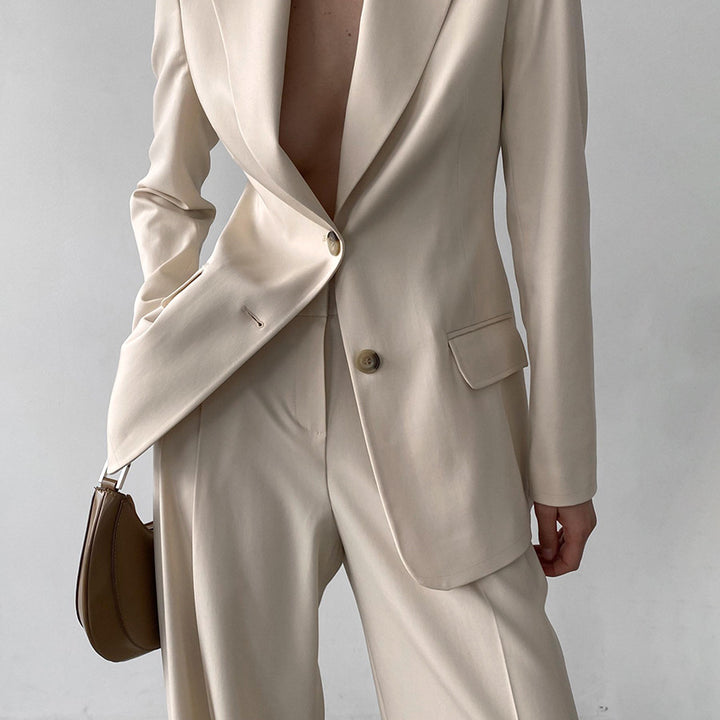Dame elegant blazer-buks sæt med taljeret snit og bredt ben Stilla