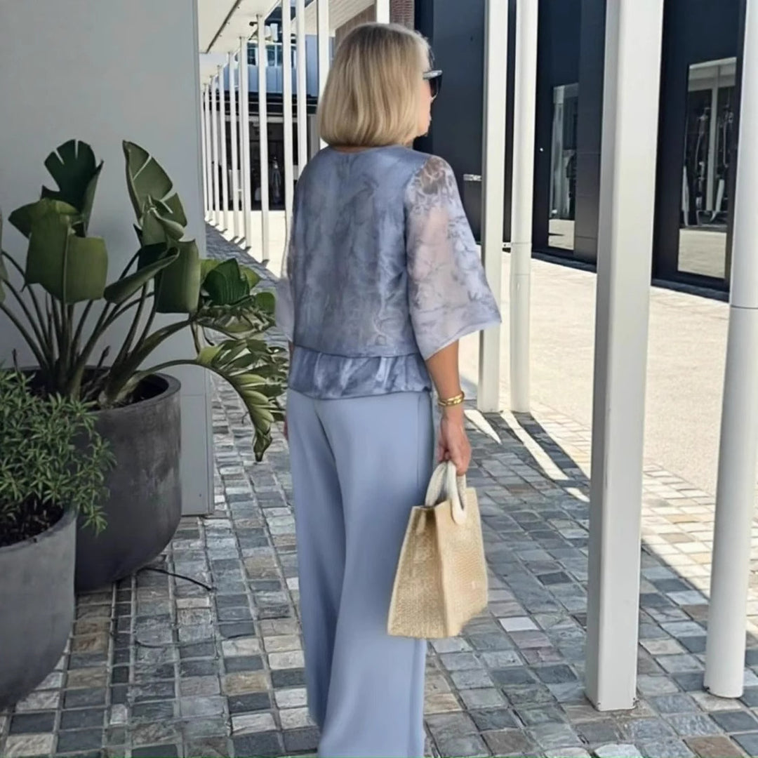 Damer Elegant Lagdelte Blomster Top og Bredskåret Bukser Sæt Stilla