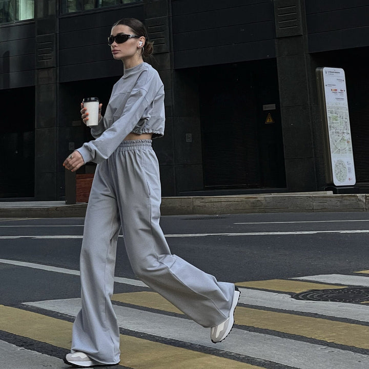 Kvindernes trendy cropped sweatshirts og brede bukser sæt Skovae
