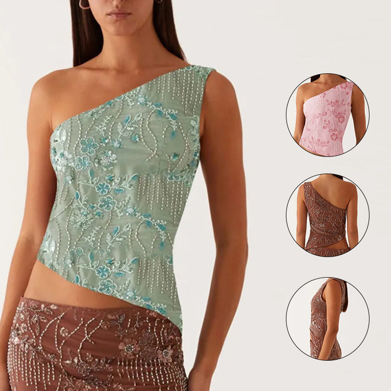 Kvinders asymmetrisk top med blomstret rhinestones design Skovae