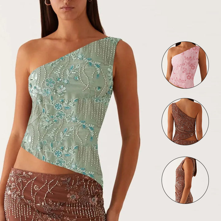 Kvinders asymmetrisk top med blomstret rhinestones design Skovae