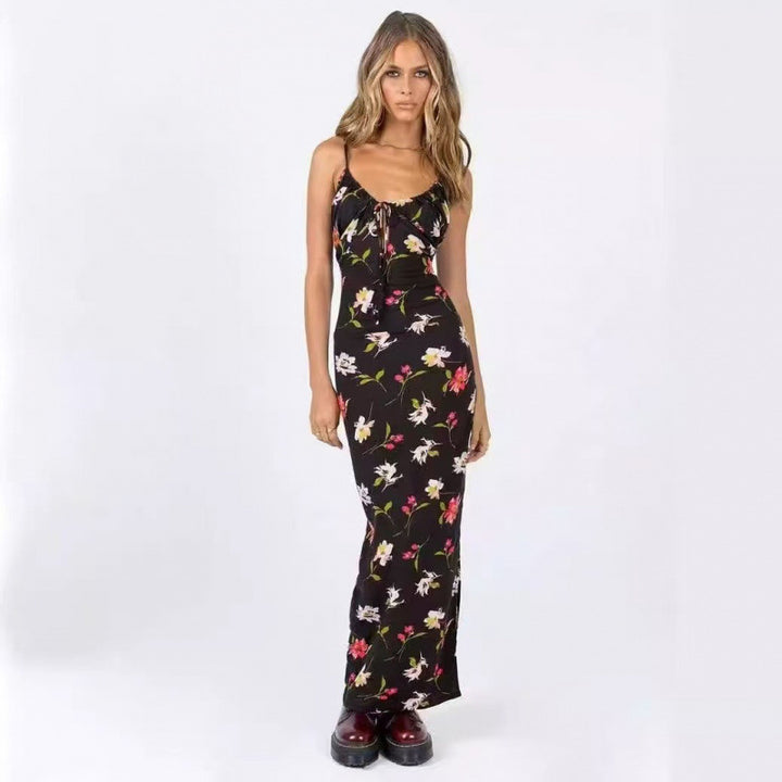 Dame Floral Print Maxi Kjole med justerbart bånd detalje Stilla