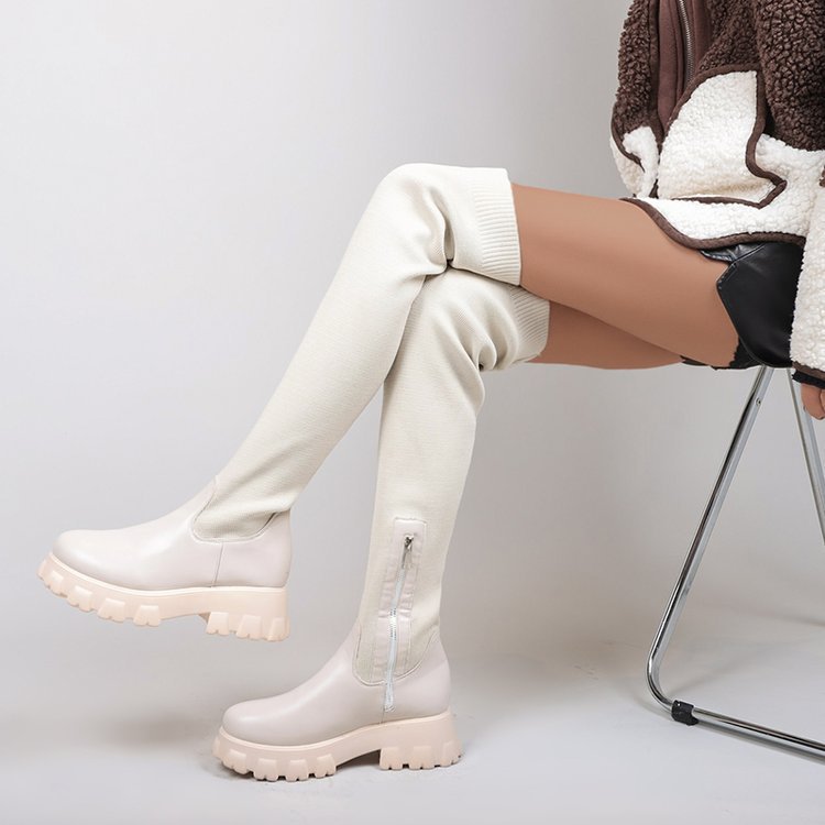 Dame over-knee støvler med kombinationen af strikkende overflade og robust gummibånd Stilla