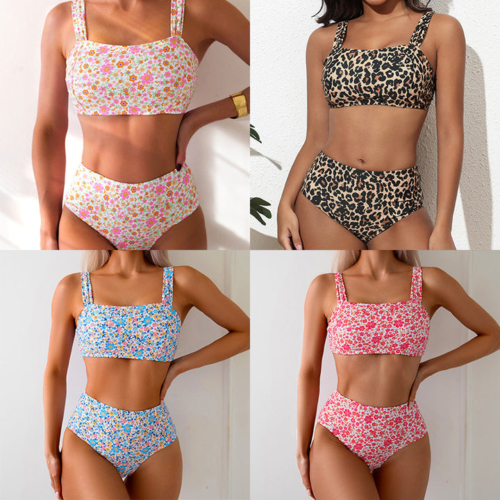 Dame Højskåret Bikini med Blomsterdesign og Brede Stropper Stilla