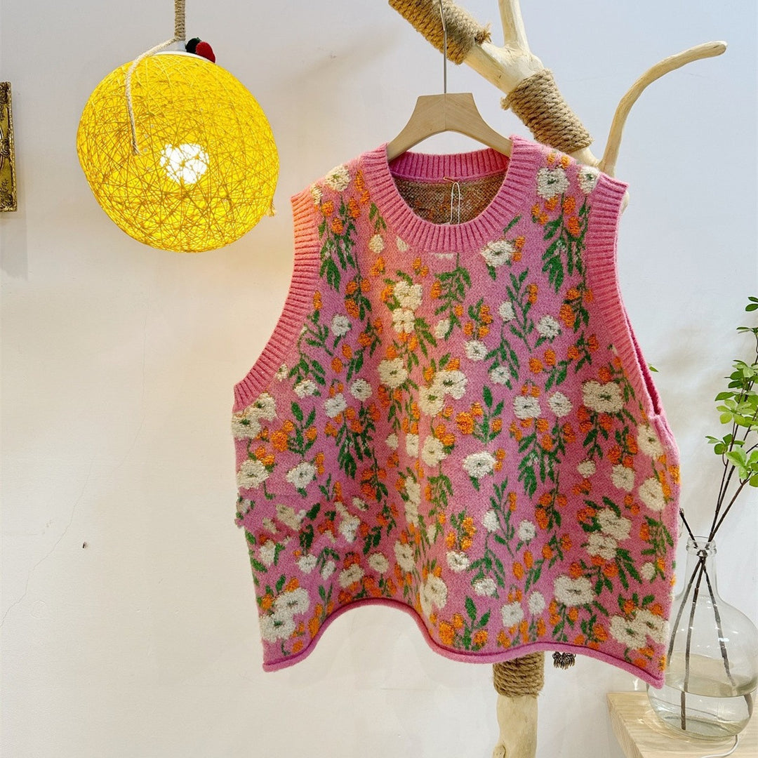 Kvindernes løse strikket sweater med blomstermønster Stilla