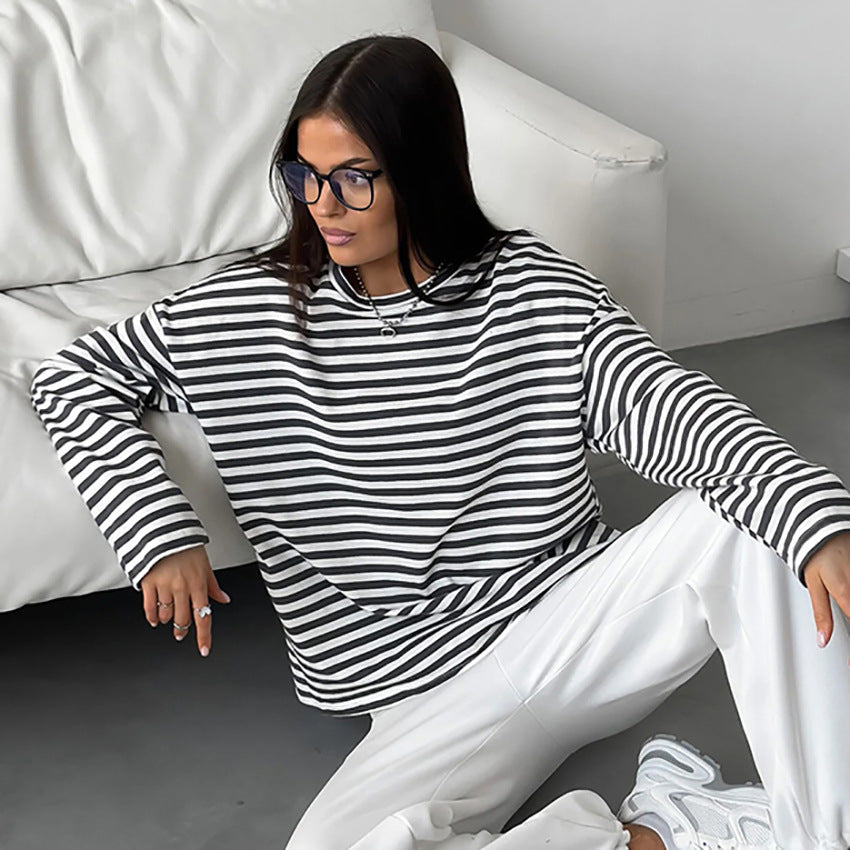 Damer Casual Langærmet T-shirt med stribet design og komfortabel pasform Stilla