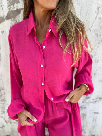 Dame Løs Bluse-Shorts-Sæt med Oversized Snit og Luftig Struktur Skovae
