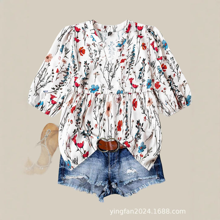 Dame Floral Print Peplum Bluse Stilla