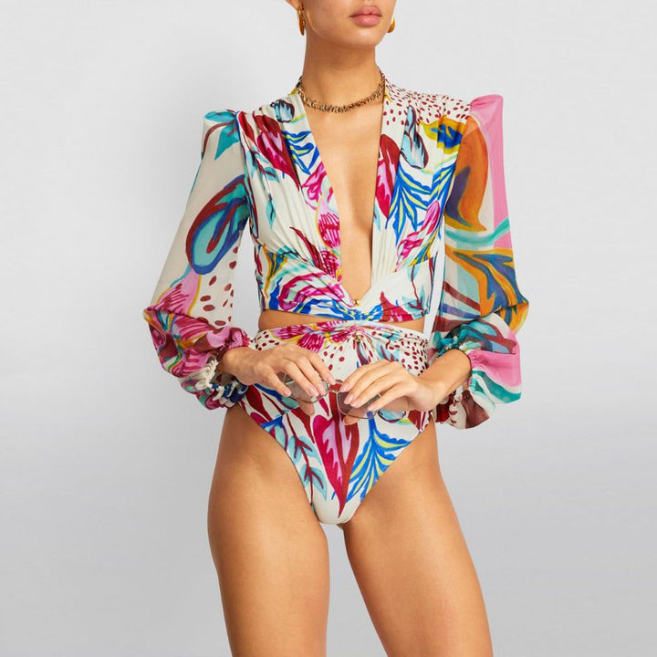 Dame bikini sæt med langærmet bluse og trendy mønster Skovae