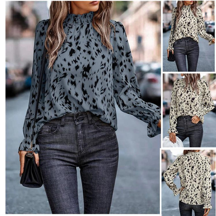 Dame elegant bluse med stilfuld flæsekrave og friskt mønster Stilla