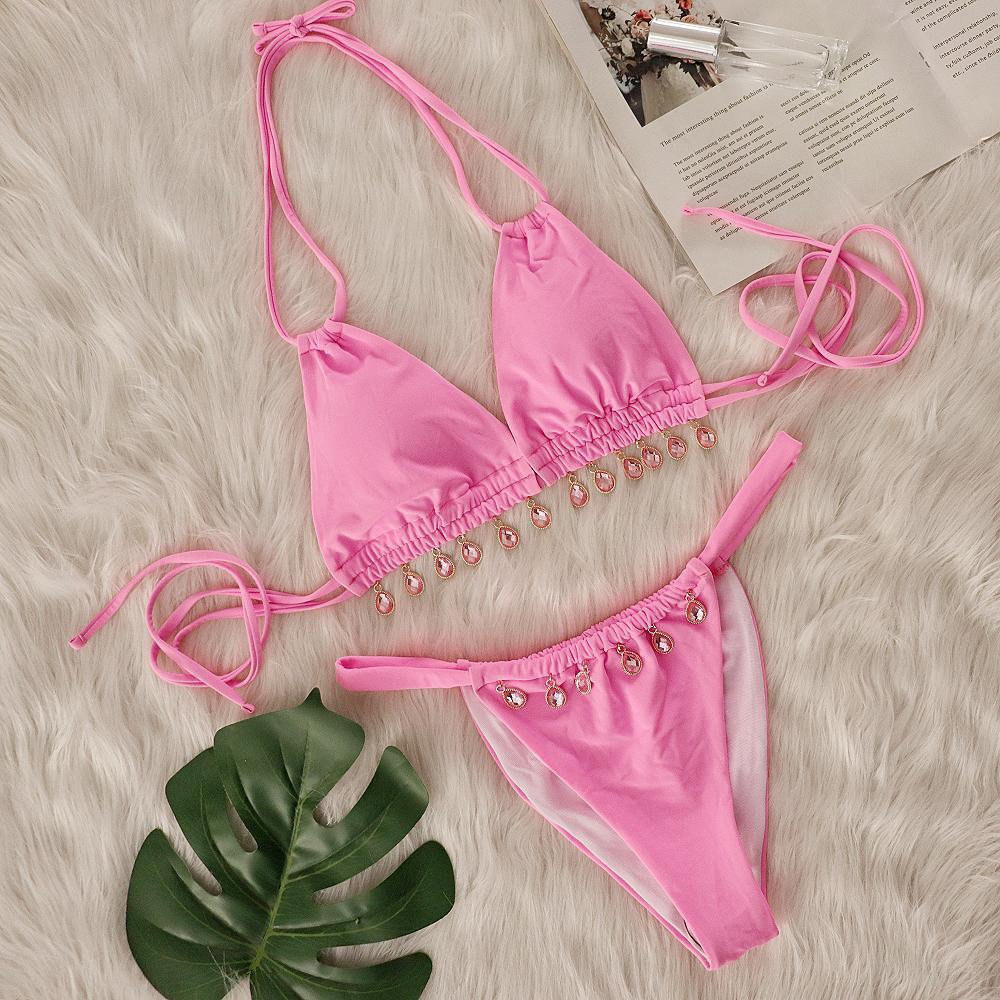 Kvinder Bejeweled Halter Neck Bikini Sæt Stilla