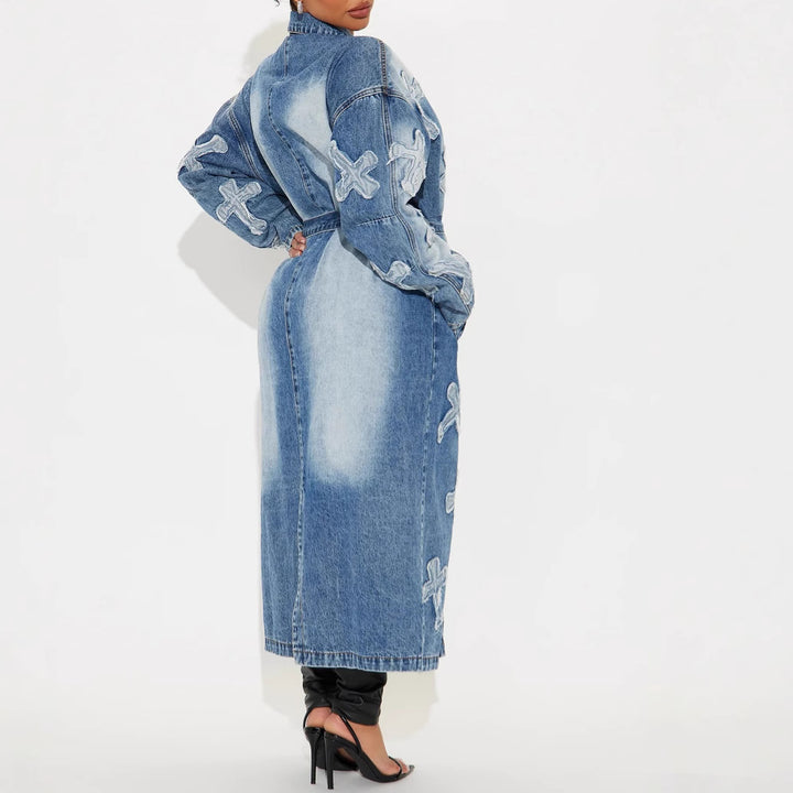 Dame Oversized Jeansjakke med dekorativt broderimønster Stilla