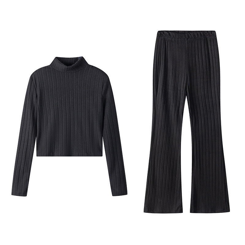 Dame Ribbstrik Turtleneck Pullover og udskåret bukser sæt Stilla