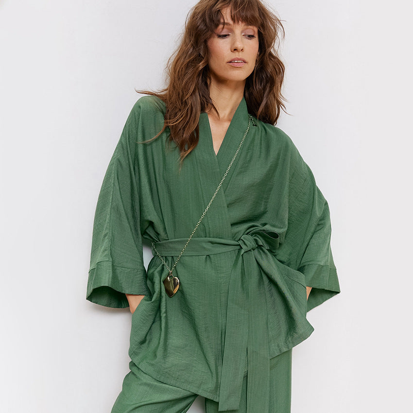 Dame trendy loungewear-sæt med bred kimono-overdel og løs bukser Stilla