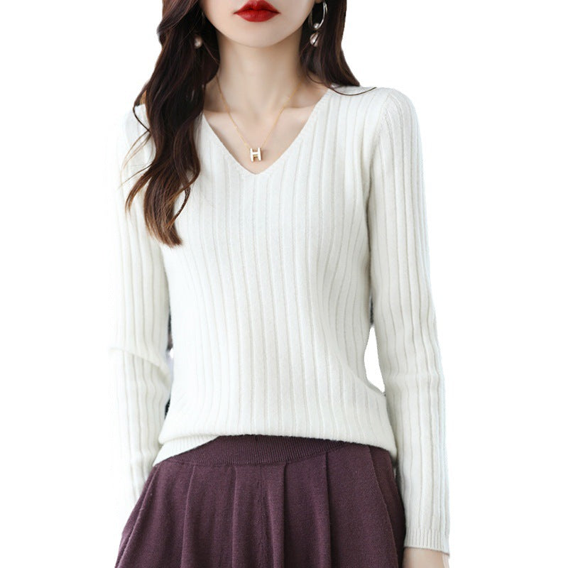 Femme Ribbet V-Udskæring Pullover Sweater Stilla