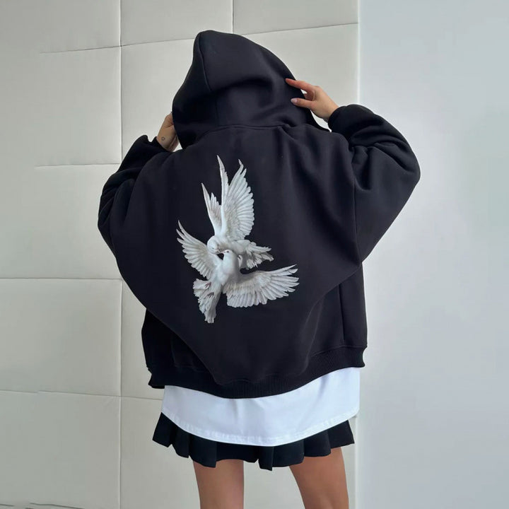 Dame hoodie med kunstnerisk fugledesign og afslappet pasform Skovae