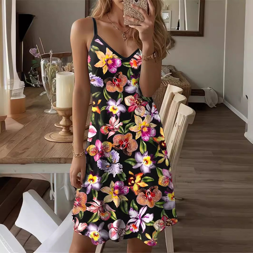 Dame blomster mønster spaghetti strop mini kjole Stilla