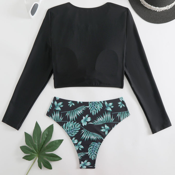Dame Langermet Crop Top og Højtaljet Bikini-Sæt Stilla