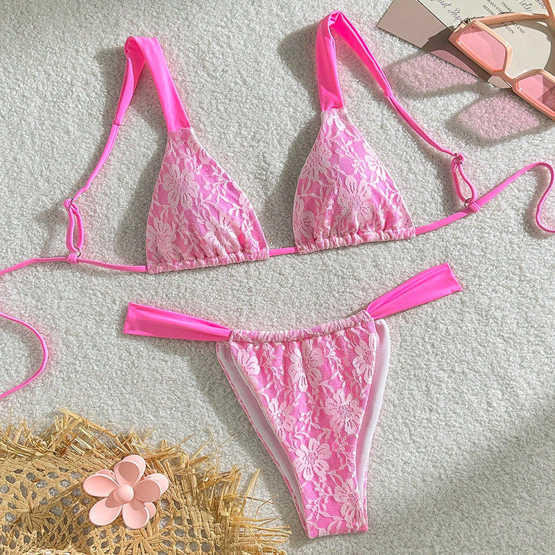 Dame triangel-bikini med blomster spandex-mønster og justerbare stropper Skovae
