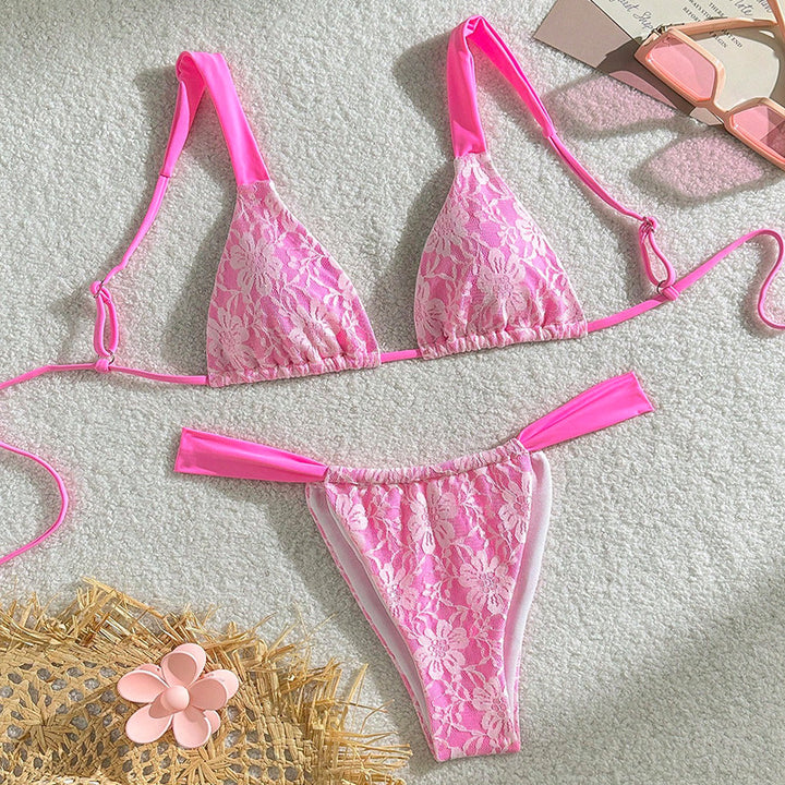 Dame triangel-bikini med blomster spandex-mønster og justerbare stropper Skovae