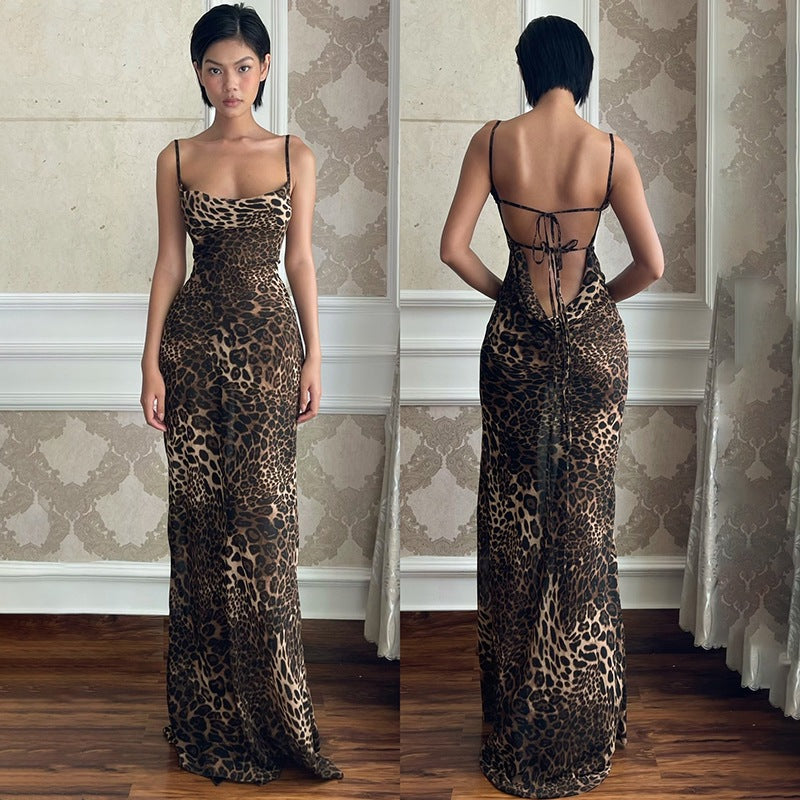 Dame Elegant Rygfri Maxi Kjole med Leopardmønster Stilla