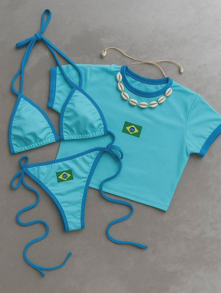 Dame bikini-sæt med sporty crop top og trendy Brasilien-flag design skovae