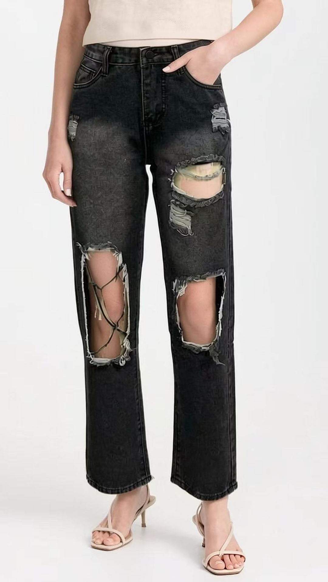 Dame distressed Mom Jeans med trendy cut-out-detaljer Skovae
