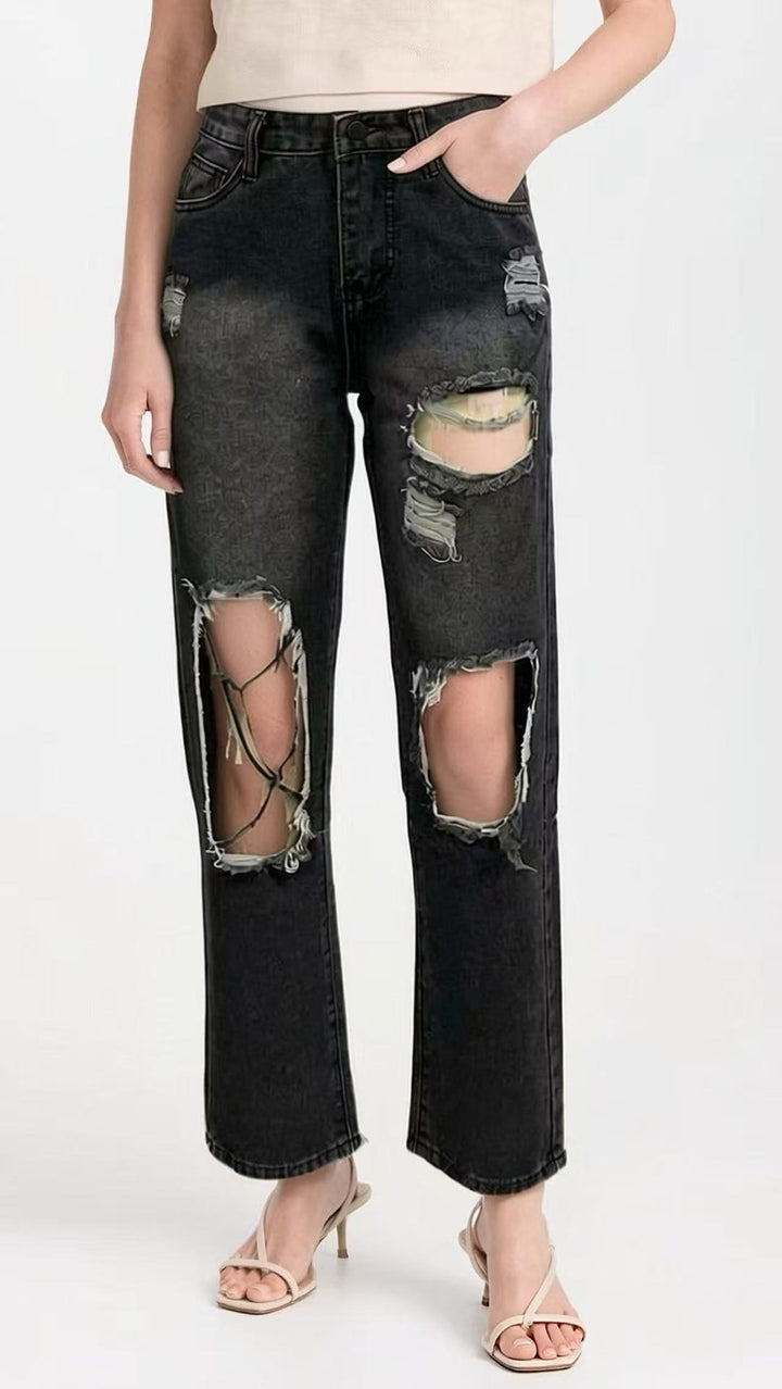 Dame distressed Mom Jeans med trendy cut-out-detaljer Skovae