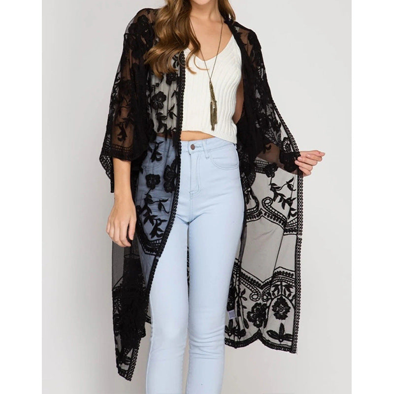 Dame luftig Crochet-Kimono med blomsterdetaljer Stilla