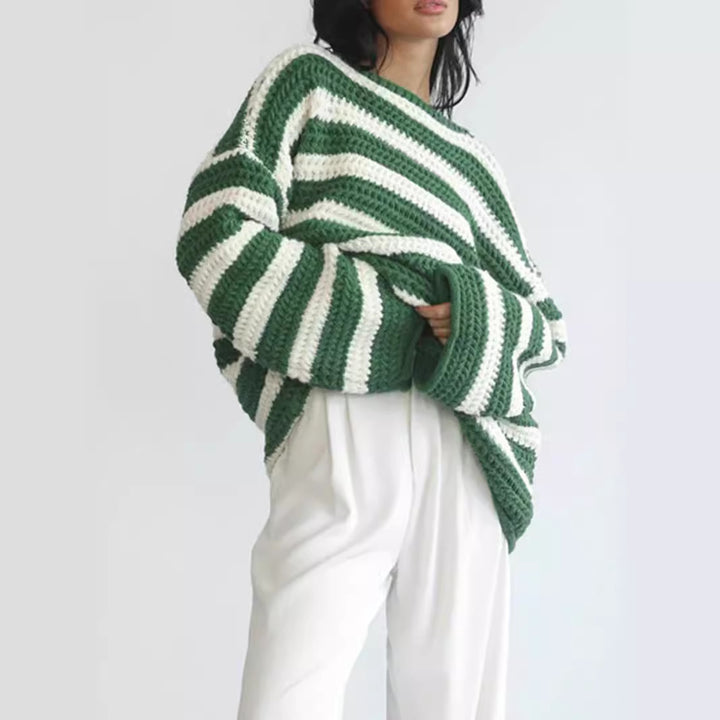 Kvinders afslappede chunky strikket sweater med moderne stribet mønster Stilla