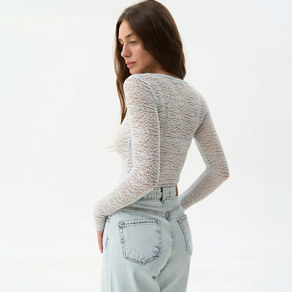Dame Longsleeve Shirt i gennemsigtig lace med fine mønster Stilla
