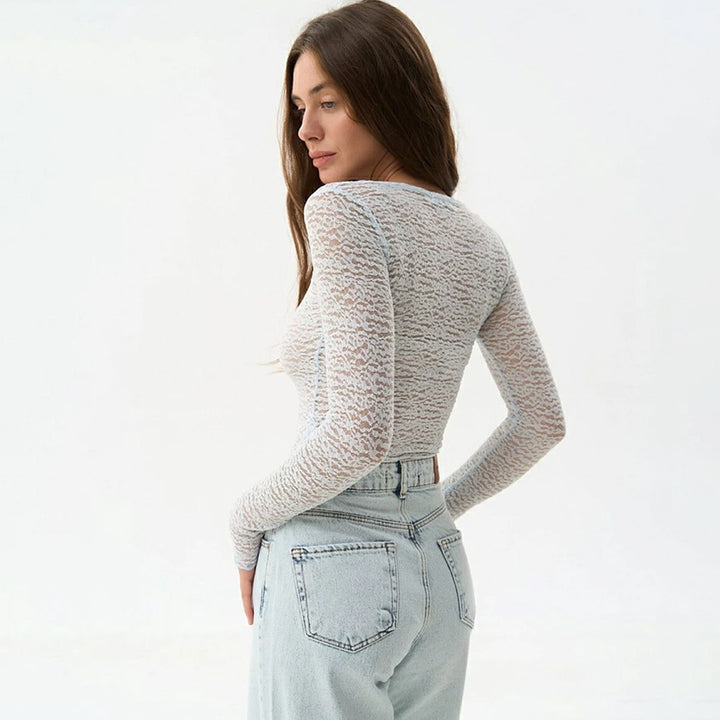 Dame Longsleeve Shirt i gennemsigtig lace med fine mønster Stilla