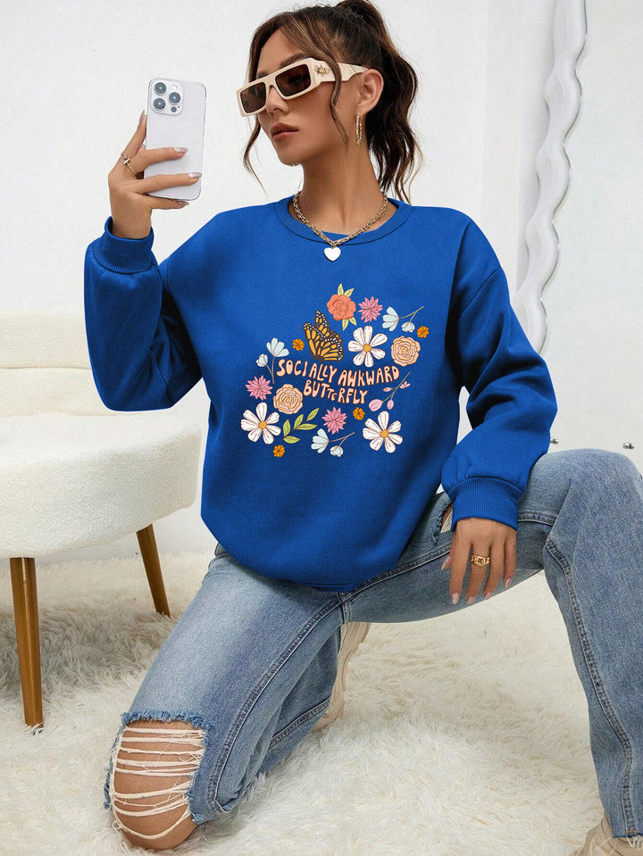Kvinders sweatshirt med kreativ blomster mønster og inspirerende print Stilla