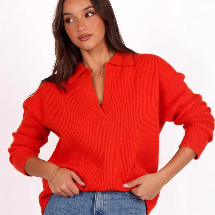 Kvinders afslappede oversized pullover med V-hals og fin ribstruktur Stilla