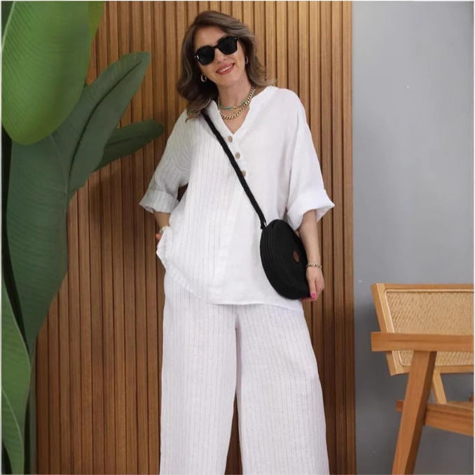 Dame Sommerlig Linnedbluse med brede Bukser Stilla